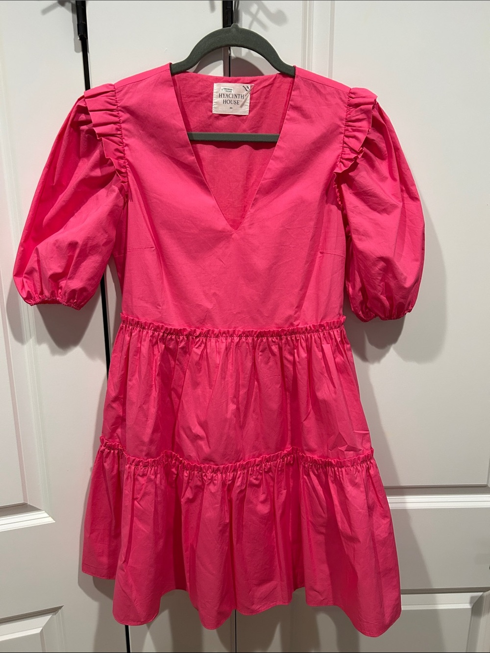 Women' Hot Pink Tiered Puff-Sleeve Dress